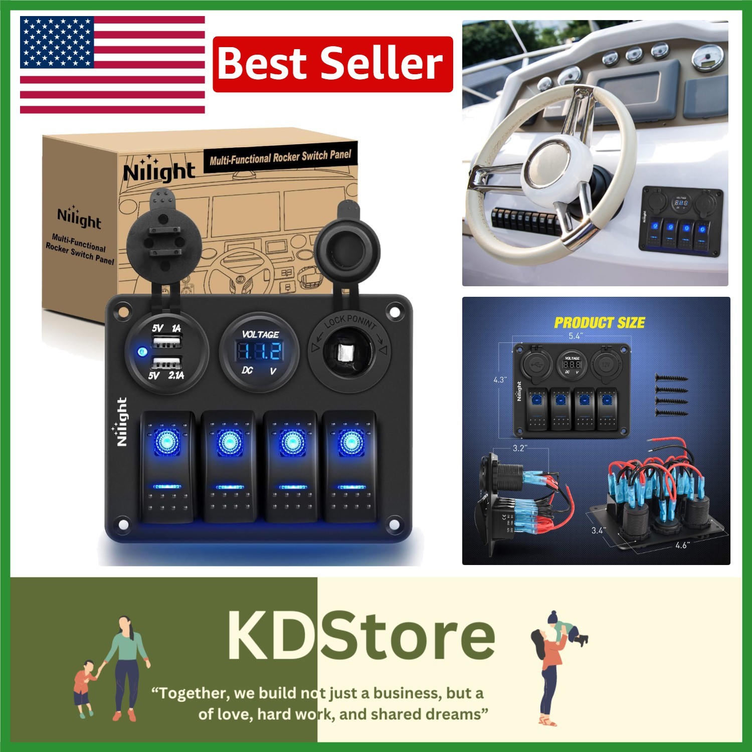 4Gang Waterproof Switch Panel with USB Volt Meter Car RV Marine 12V-24V