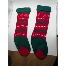 2 Vintage Christmas Stockings Red Green Knit Tree Pattern Holiday Home Decor