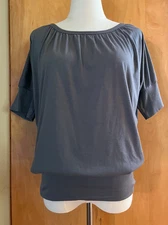 WOMEN'S ESPRESSO GRAY SHORT SLEEVE BLOUSON FITTED WAIST BLOUSE TOP - S