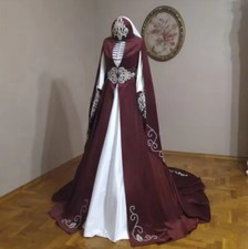 Burgundy White Wedding Dresses with Cape Long Sleeve Bridal Gowns No Headscarf