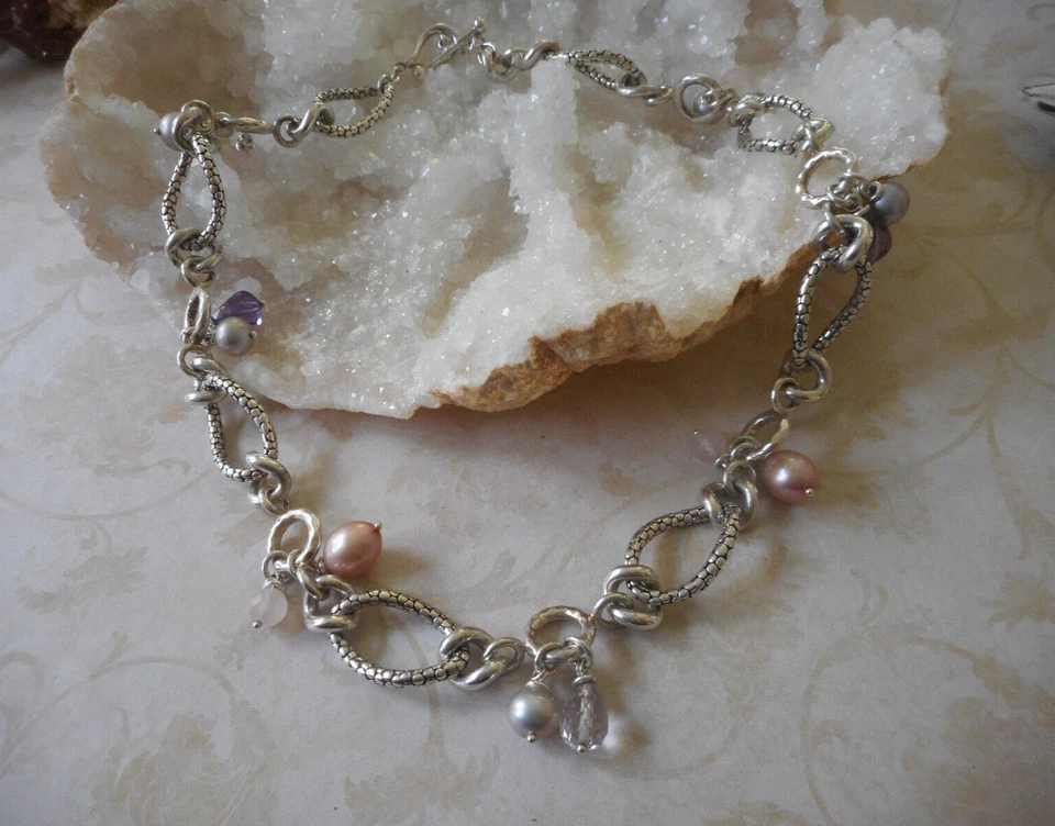 Collar de cuarzo rosa amatista perla plata esterlina Michael Dawkins RE7256 Foto 2 de 4