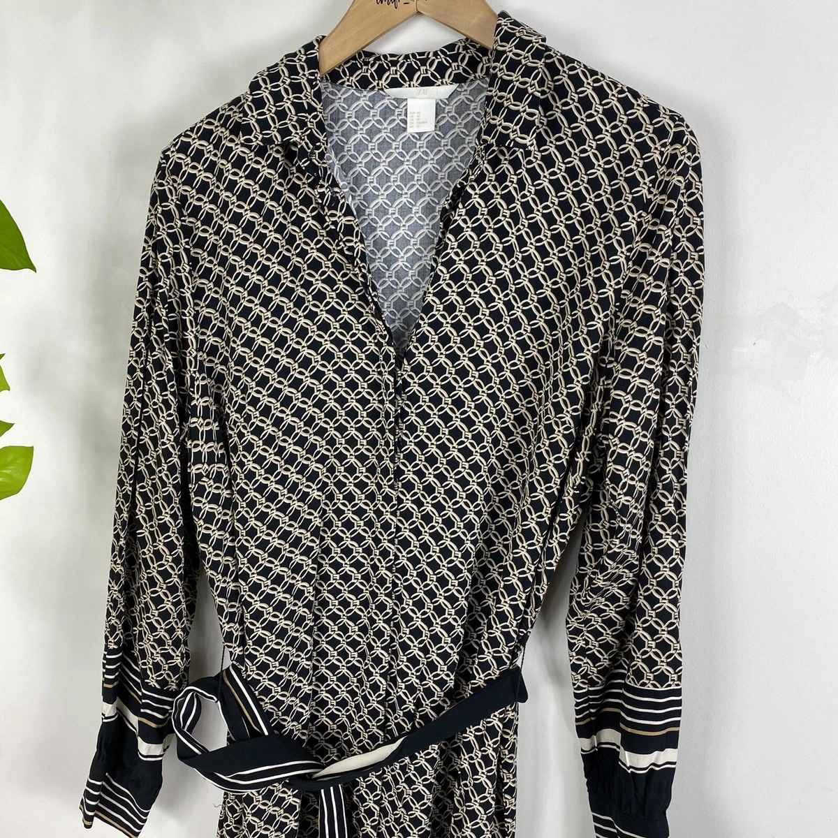 H M Size 10 Dress Black Cream Geometric Long Sleeve Button Up Midi With Belt
