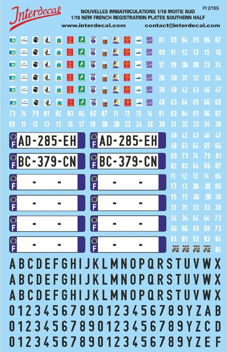 Plaques immatriculations francais Süd 1/18 Décalcomanies 120x80mm INTERDECAL
