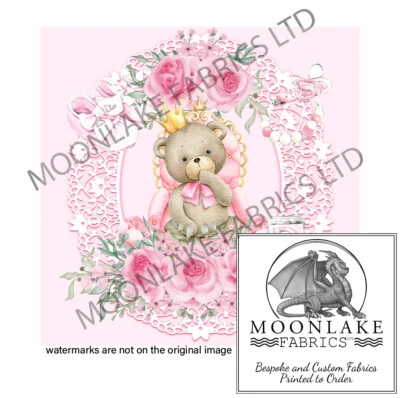 MOONLAKE DESIGNS Pink Baby Bear With Crown 100% Cotton or 290gsm thick soft Polyester Fabric