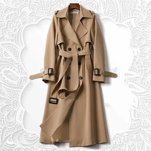 Zweireihiger langer Damen-Trenchcoat winddicht klassisch Revers Gürtel Mantel - Bild 3 von 24