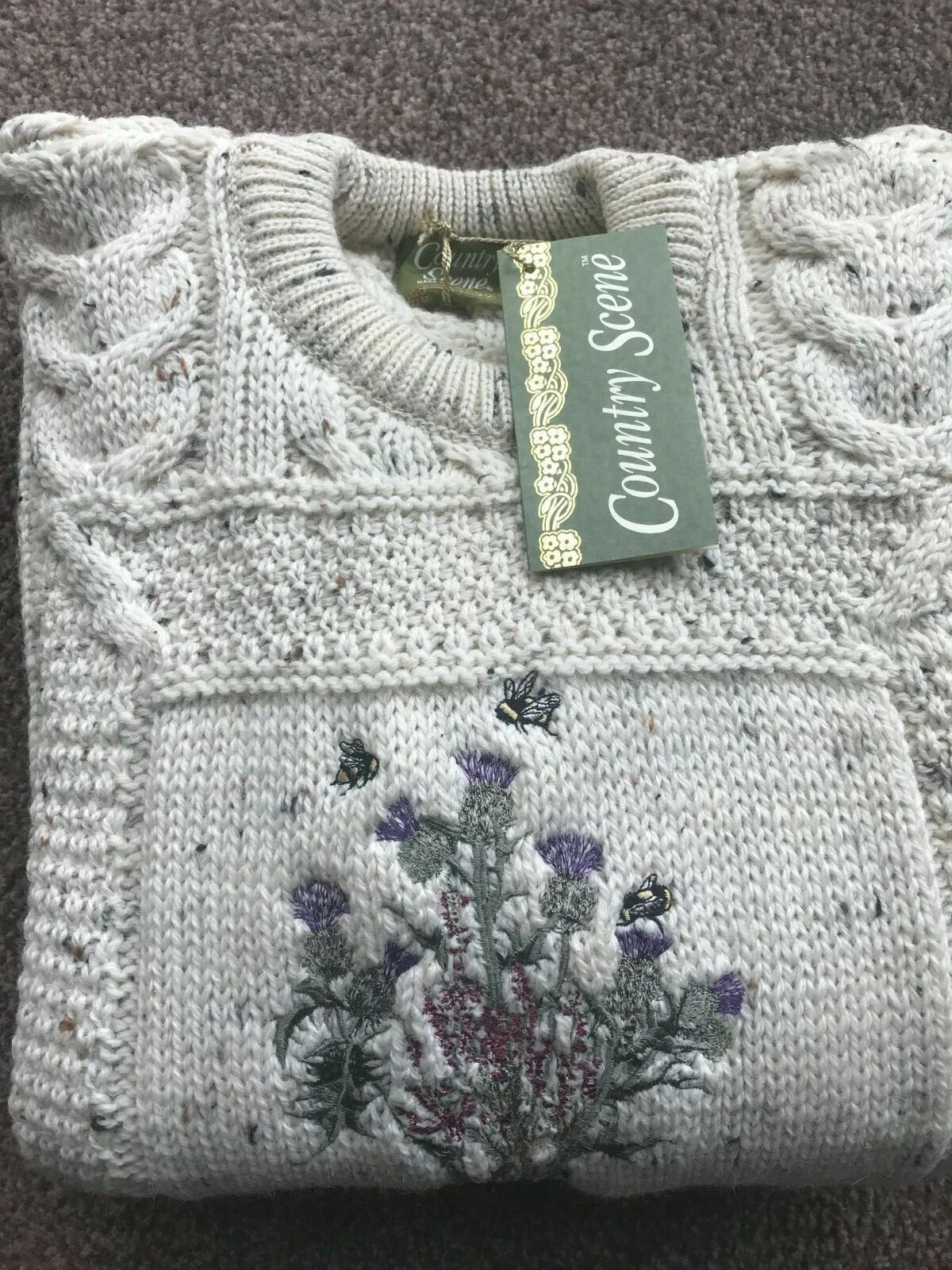 100% British Wool Aran Ivory Classic Crew Neck Jumper Cable Knit Thistle Bee XXL