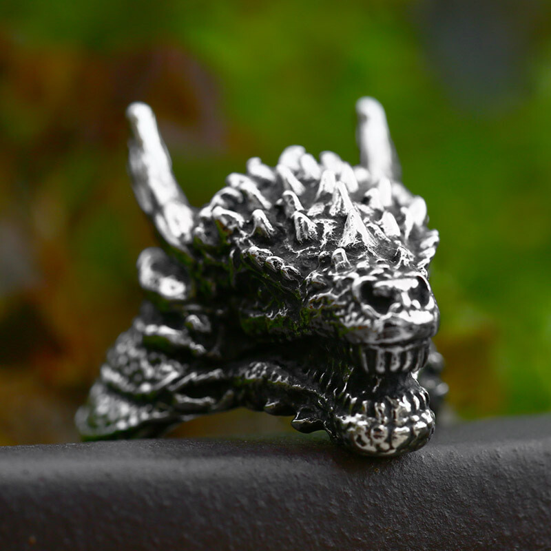 Men's Powerful Dragon Head Ring Stainless Steel Horn Dragon