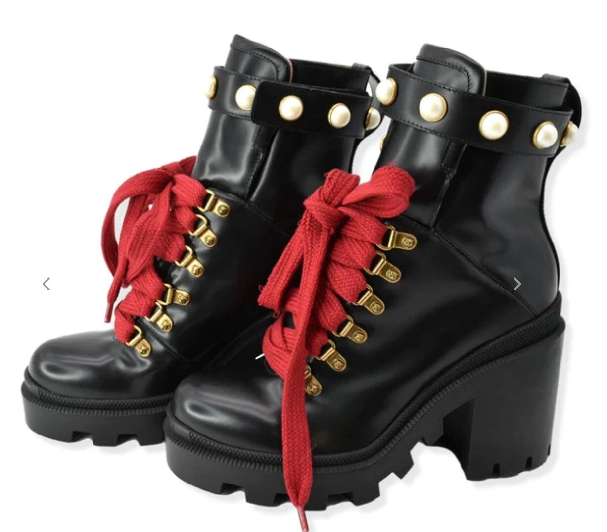 Gucci Femmes Auth 9 US 39 EU Noir Cuir de veau Perle Lacets Combat Bottes Chaussures Talon