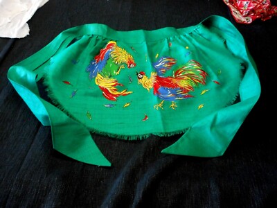 Vintage Apron Fighting Roosters SUE SETS NEW YORK  kelly green cotton (D