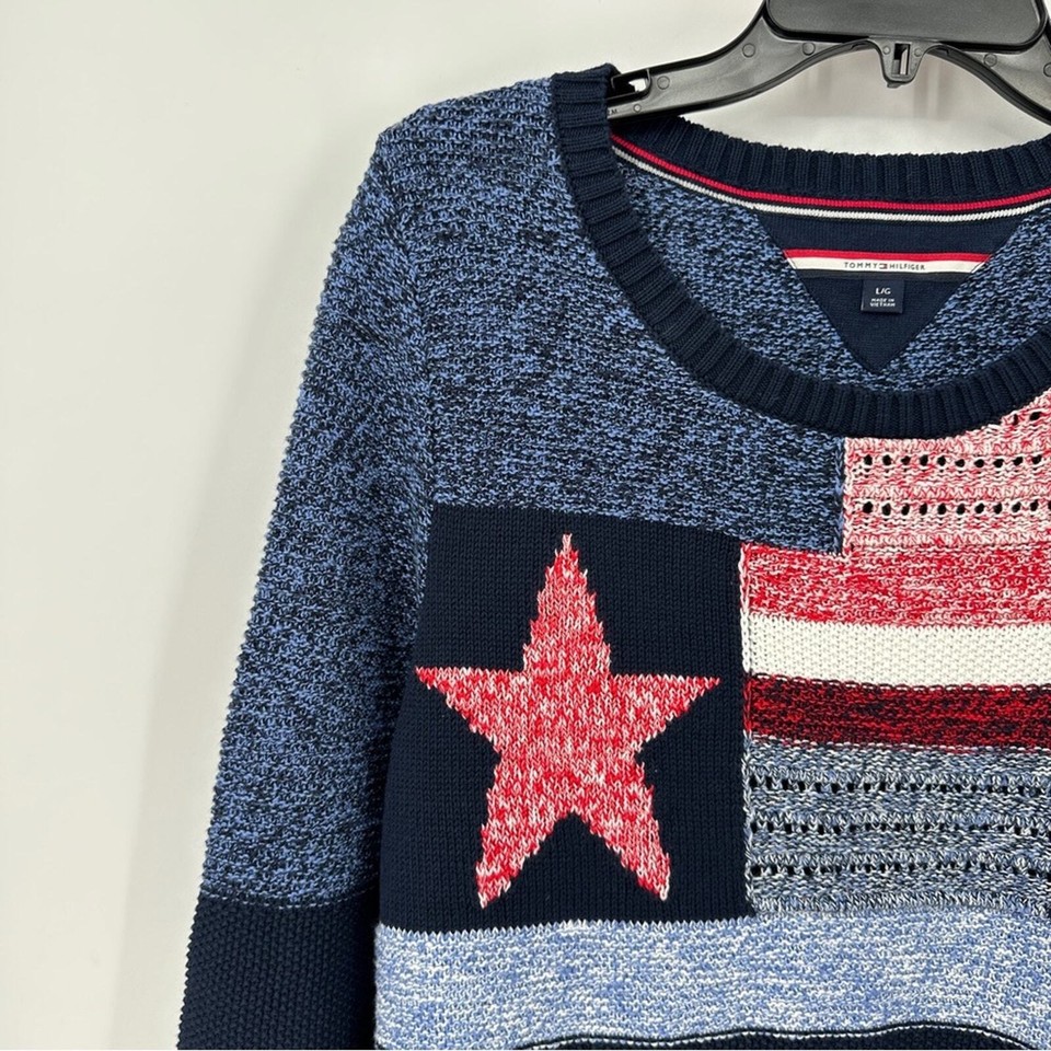 Tommy Hilfiger Knit American Flag USA Blue Red Jumper Sweater Size L eBay