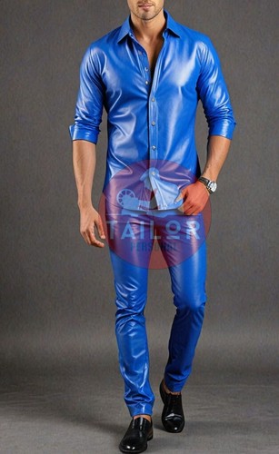 Conjunto de vestido causal de pantalón y camisa de cuero de piel de cordero de cuero azul real genuino para hombre - Imagen 1 de 3