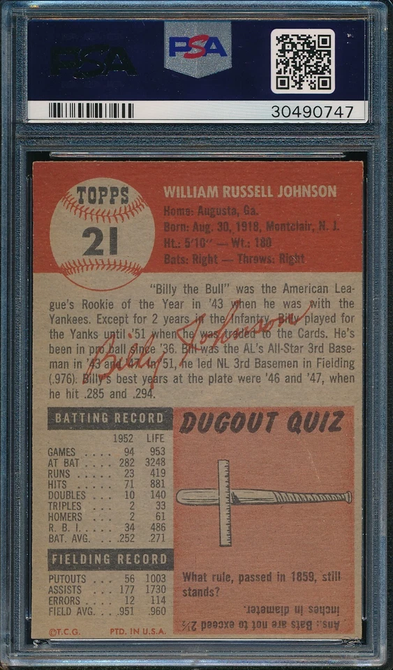 1953 Topps Billy Johnson #21 *Cardinals* PSA 8 NM-MT - Image 2 of 2