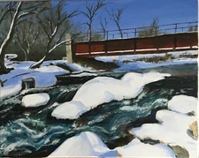 Original Landscape Acrylic Painting Framed 20x16 Bridge Over Icy Water
