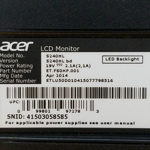 Acer S240HL 24" LCD Monitor, 1080p - USED - Picture 2 of 4