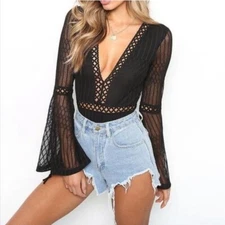NWT SINCERELY SALLY BOUTIQUE PARIS BODY SUIT BLSCK LACE BODYSUIT BOHO M