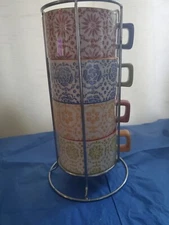 Pier 1 Stackable Tea Coffee Cups 4 Metal Rack Boho Chic B12