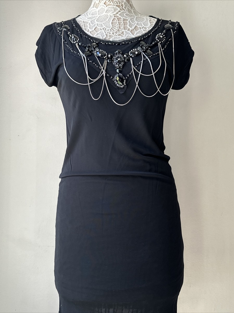 alice and olivia beaded tunic dress Alice+Olivia Womens Black Rhinestone Chain Accent SMALL Twill Lucia line minidress from ALICE Women's White/blue floral Smocked Size:10-12