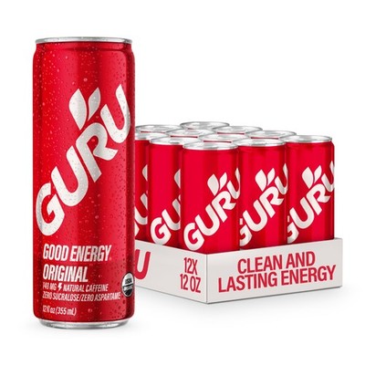 GURU Original Organic Energy Drinks, Clean 12 Fl Oz (Pack of 12), Clear 