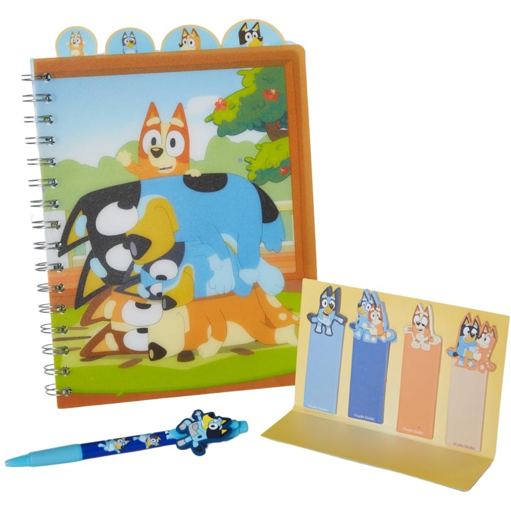 Bluey Tab Journal Spiral Notebook, Ballpoint Pen, Sticky Tabs, 96 Lined Blue