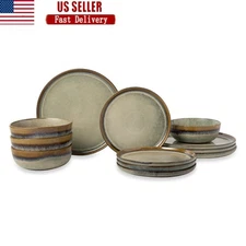 Rustic Ceramic 12 Piece Dinnerware Set Service 4 Dishwasher Microwave Safe New