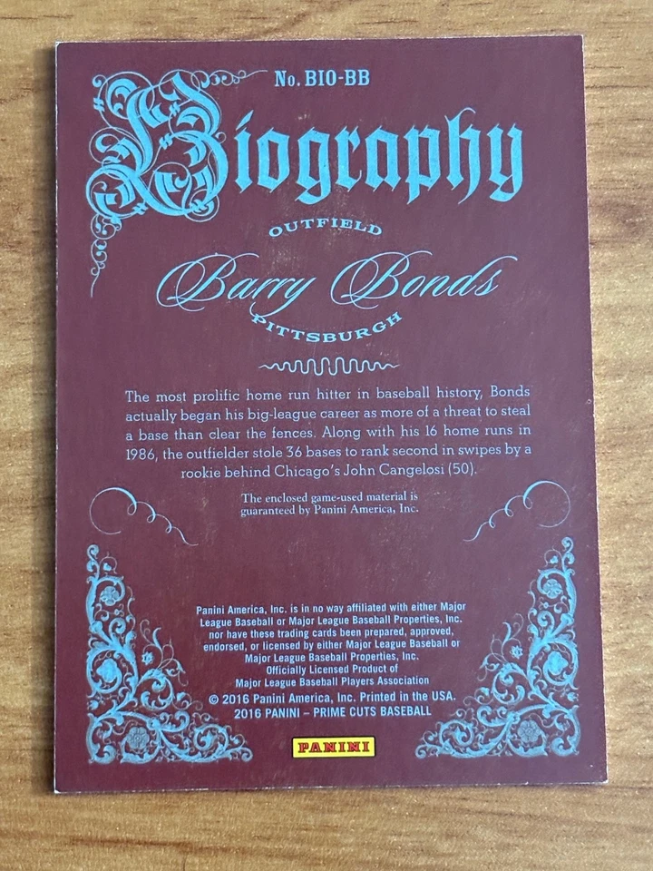 2016 Panini Prime Cuts #BIO-BB Barry Bonds Biography #/99 - Image 2 of 2