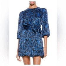 NEW Alice + Olivia Mina Puff Sleeve Mini Dress Womens 6 Blue Black Floral Belted