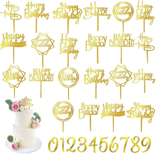 50 PCS Gold Happy Birthday Cake Topper Acrylic Birthday Cupcake Topper Pick f...