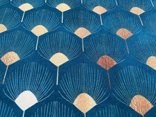 Art Deco GOLDEN Pfau Fächer Stoff Gardinen Damast 140 cm breit blau türkis...