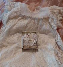 Antique Ivory Floral Lace Christening Gown with Booties