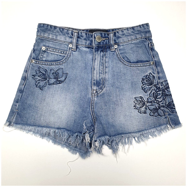 Denim Shorts Blue Size 6 Embroidered High Rise Raw Hem Retro Stylish Streetwear