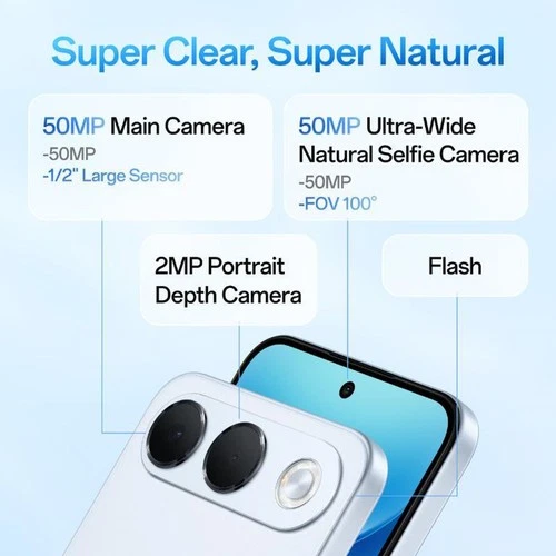 OPPO F35 5G in blue with rear camera specs: 50MP main, 50MP ultra-wide, 2MP portrait depth, 8000mAh battery.