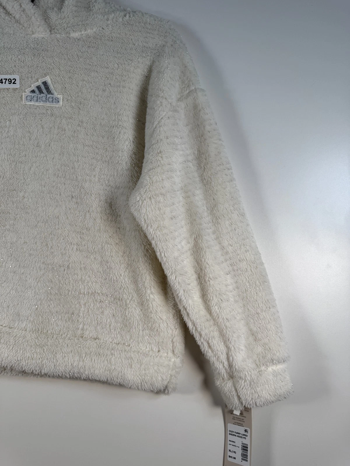 OFF WHITE Felpa con cappuccio nuova con etichette Adidas bambini ragazze accogliente furry lurex sherpa bianco sporco XL 16