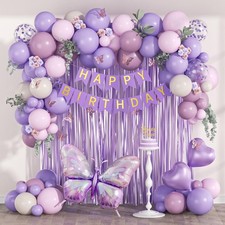 Decoracion De Cumplea&ntilde;os Color Morado Globos Banner Cortina De Flecos Para Mujer