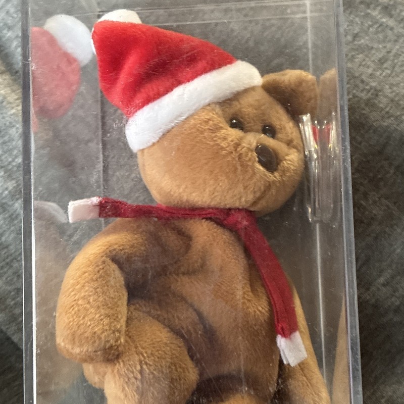 Ty Beanie Babies Bear Plush Santa Hat & Scarf, Retired 1998 Vintage w/ Case