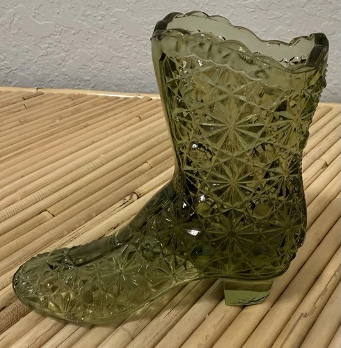 Fenton Green Glass Boot - Daisy & Button - Toothpick Holder - Trinket Holder