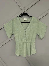 Sienna Sky Green V-Neck Short Sleeve Peplum Blouse Top Women’s Size S