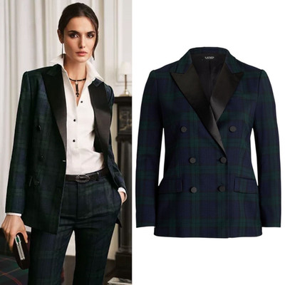 Ralph Lauren Plaid Double Breasted Satin Wool Tuxedo Blazer Green/Navy/Black 22W
