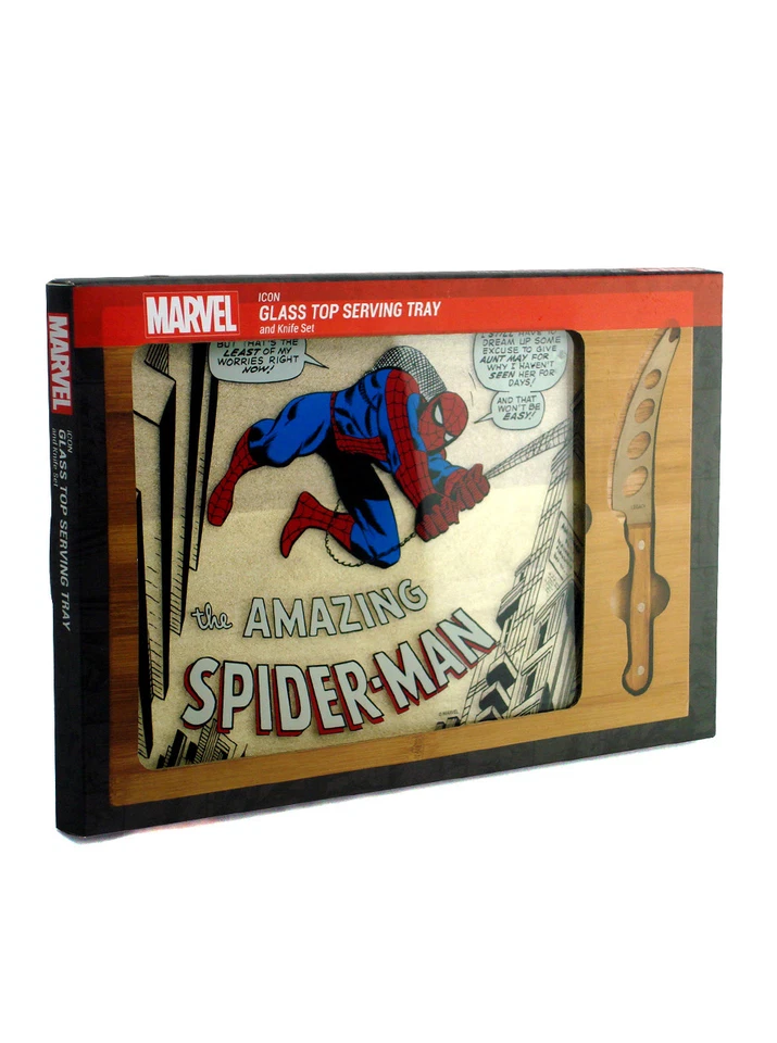 Picnic Time Amazing Spider-Man Glass Top Serving Tray & Knife Set Brand New - Image 2 of 4