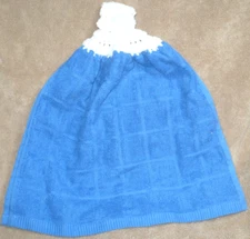 1 Crochet Top Hanging Kitchen Towel Solid blue square pattern, Full white yarn