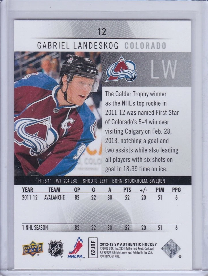 Gabriel Landeskog 2012 SP Authentic Hockey Card 12 - Image 2 of 2