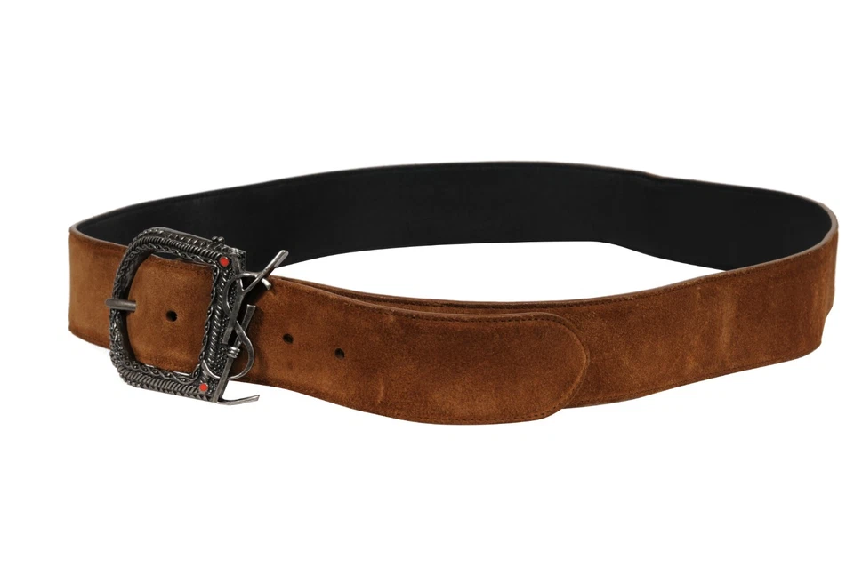 Cinturón Western Saint Laurent YSL Logo Monograma Talla 100 33 34 35 Marrón Gamuza Plateado Foto 4 de 4