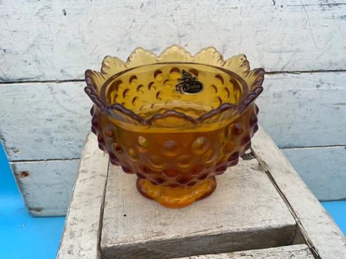 Vintage FENTON Amber Hobnail/Ruffle Edge Bowl/Candle Holder
