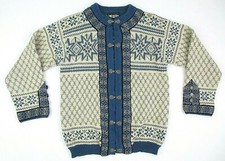 Vintage Dale Of Norway Pure New Wool Nordic Cardigan Sweater Ivory Blue MEDIUM