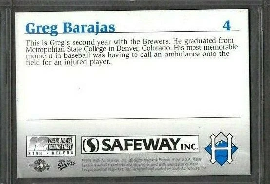 1999 Multi-Ad Sports #4 Greg Barajas Trainer Baseball Card signed autograph - Image 2 of 2