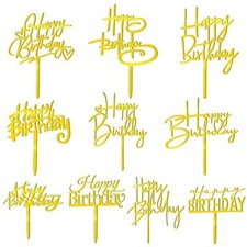 10 PCS Gold Happy Birthday Cake Topper Acrylic Cupcake, Gold
