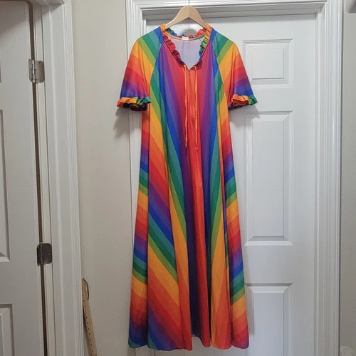 Vintage 1970s Granada Vibrant Rainbow Striped Maxi Kaftan Dress Moo Moo One Size