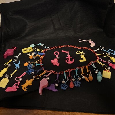 Vintage 80s Plastic 30 Clip Bell Charms Chain Link Necklace