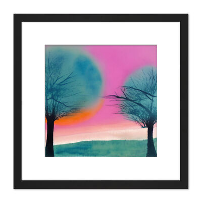 Abstract Sunset Tree Landscape Watercolour Square Framed Wall Art Print 9X9 In