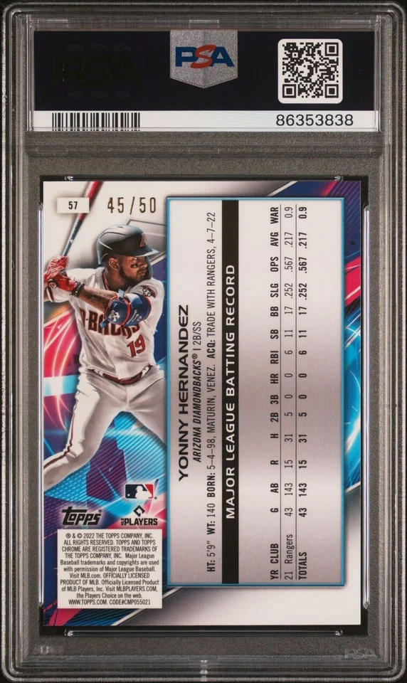 2022 Topps Cosmic Chrome Yonny Hernandez Gold Interstellar PSA 9 Mint - Image 2 of 3
