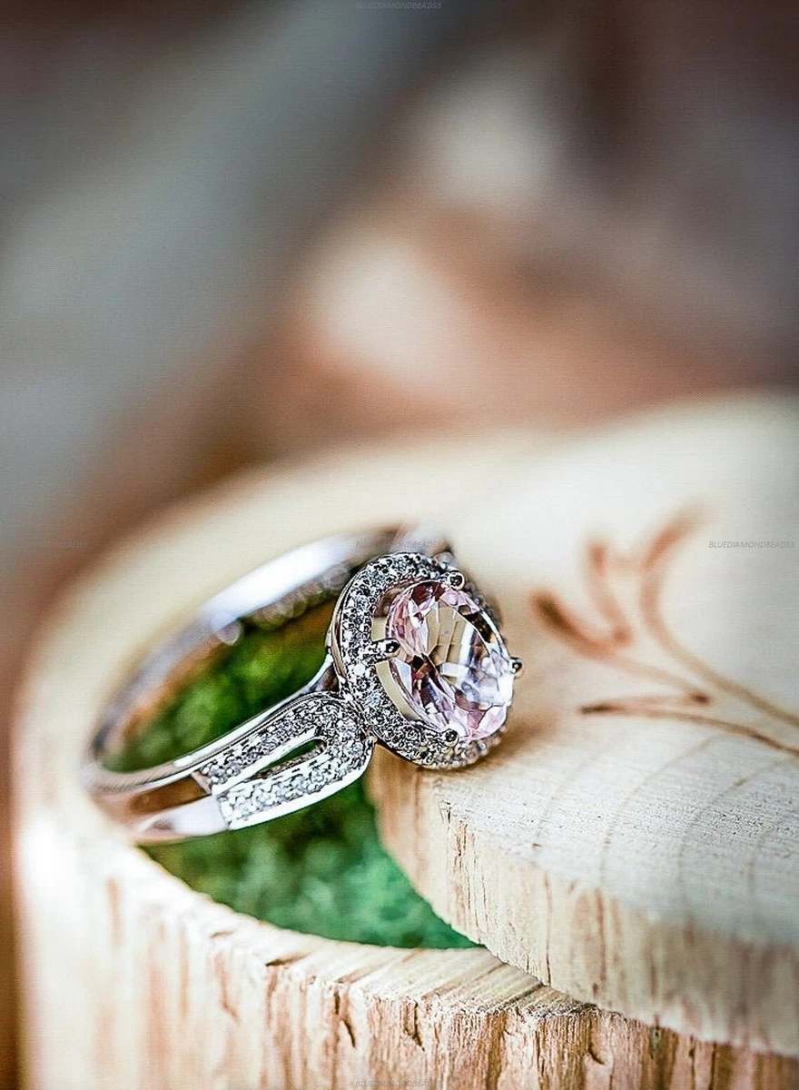 Engagement Art Deco Ring 14k White Gold Morganite Diamond Gemstone
